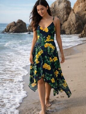 London Times Dress 12 Petite Tropical Floral Handkerchief Hem Resort Vacation